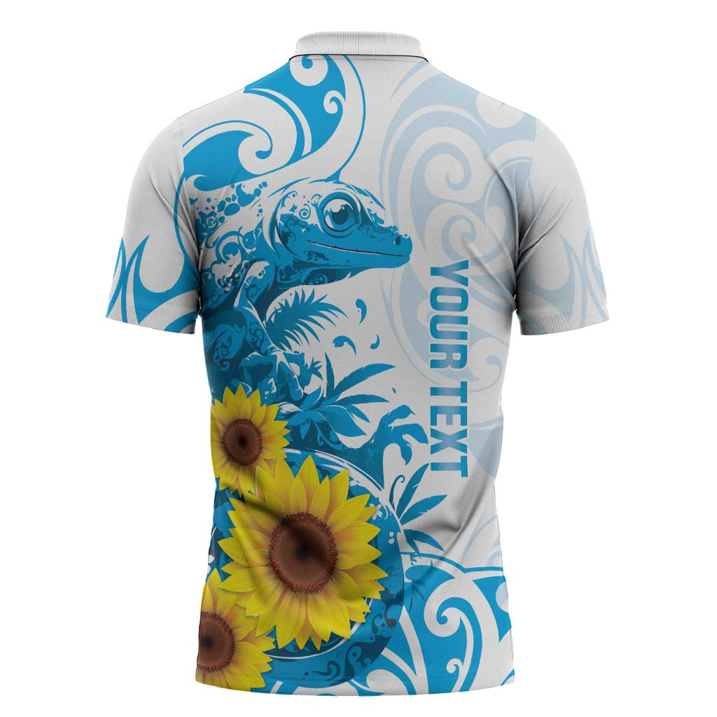 New Zealand Autism Awareness Month Zipper Polo Shirt Takiwatanga Maori Lizard With Sunflower - Polynesian Pride