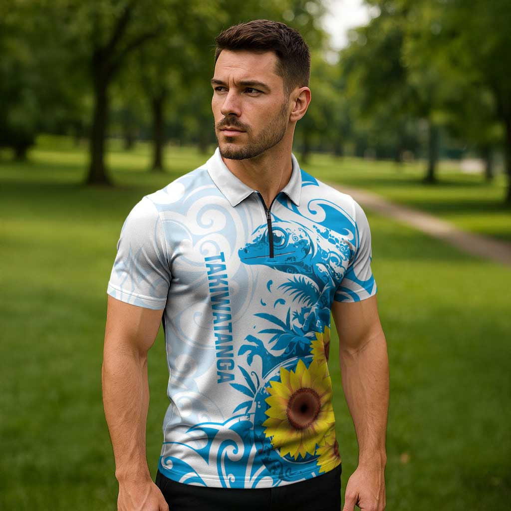 New Zealand Autism Awareness Month Zipper Polo Shirt Takiwatanga Maori Lizard With Sunflower - Polynesian Pride