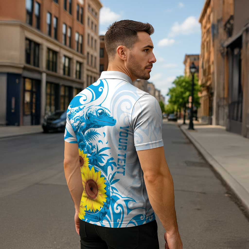 New Zealand Autism Awareness Month Zipper Polo Shirt Takiwatanga Maori Lizard With Sunflower - Polynesian Pride