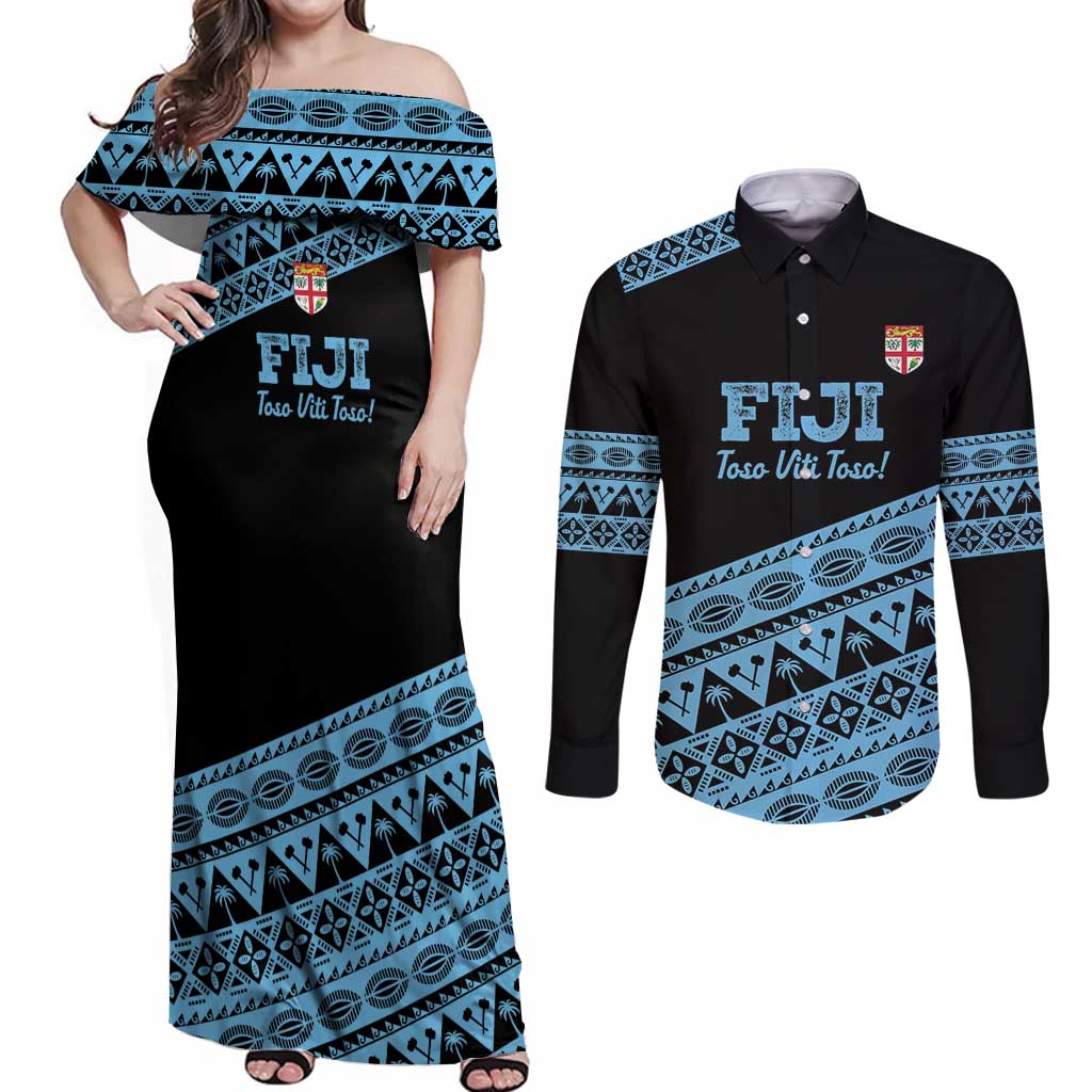 Fiji Rugby 2025 Custom Couples Matching Off Shoulder Maxi Dress and Long Sleeve Button Shirt Fijian Tapa Toso Viti Toso - Black
