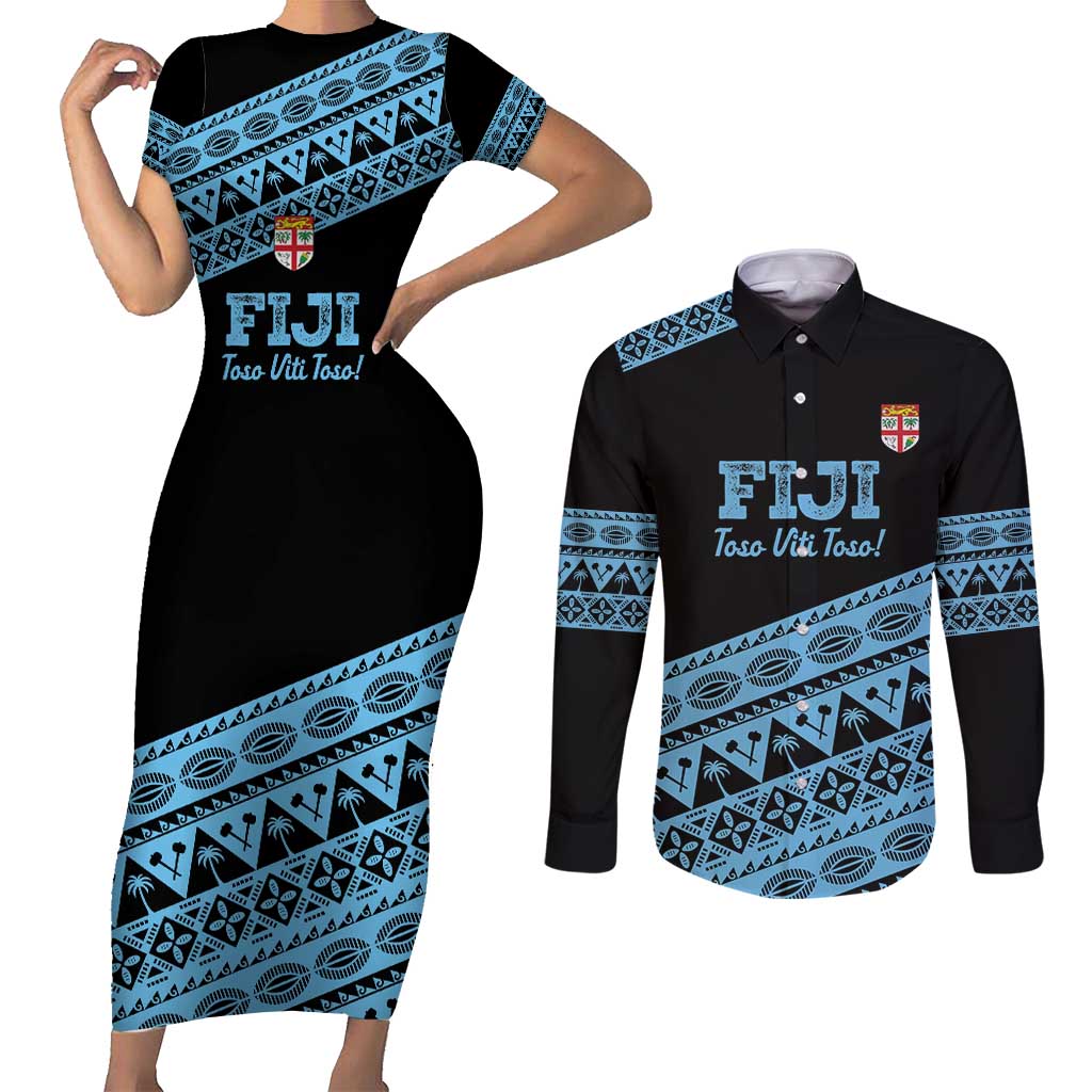 Fiji Rugby 2025 Custom Couples Matching Short Sleeve Bodycon Dress and Long Sleeve Button Shirt Fijian Tapa Toso Viti Toso - Black
