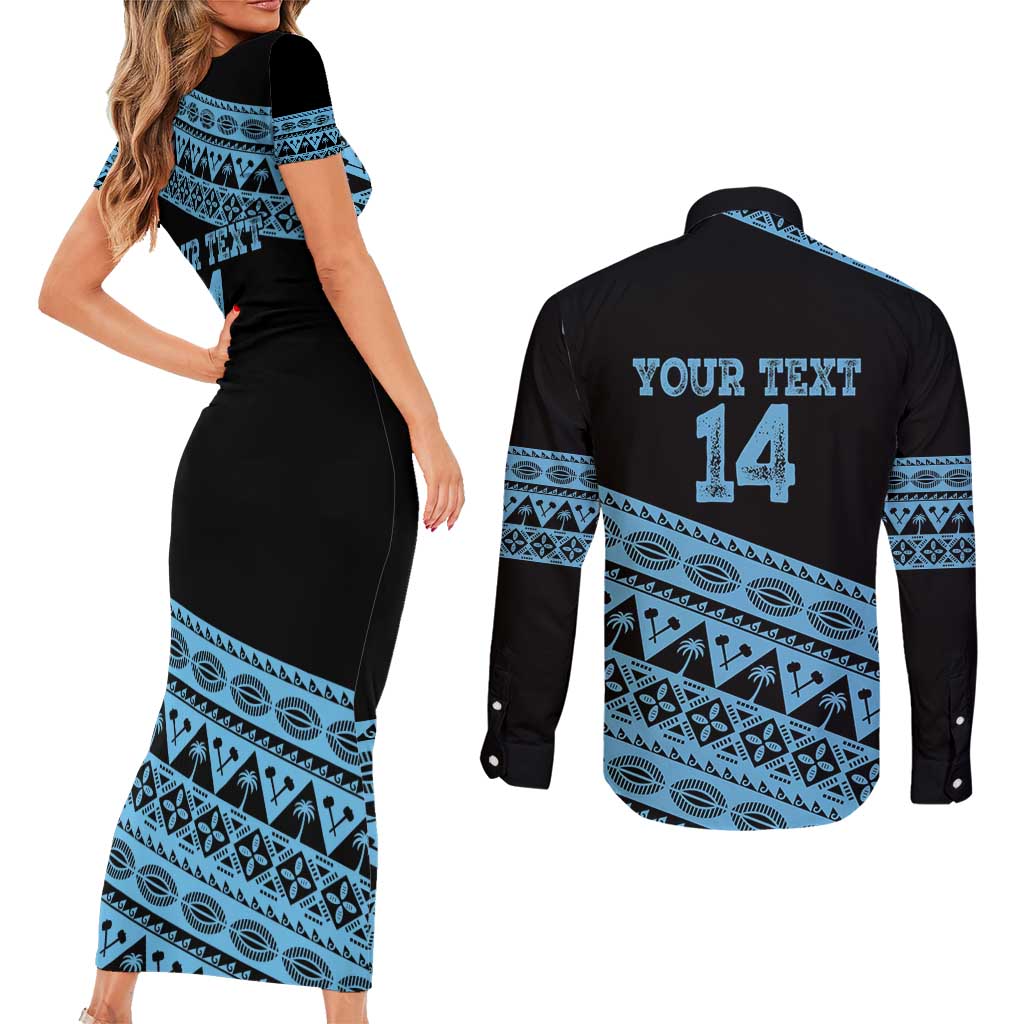 Fiji Rugby 2025 Custom Couples Matching Short Sleeve Bodycon Dress and Long Sleeve Button Shirt Fijian Tapa Toso Viti Toso - Black