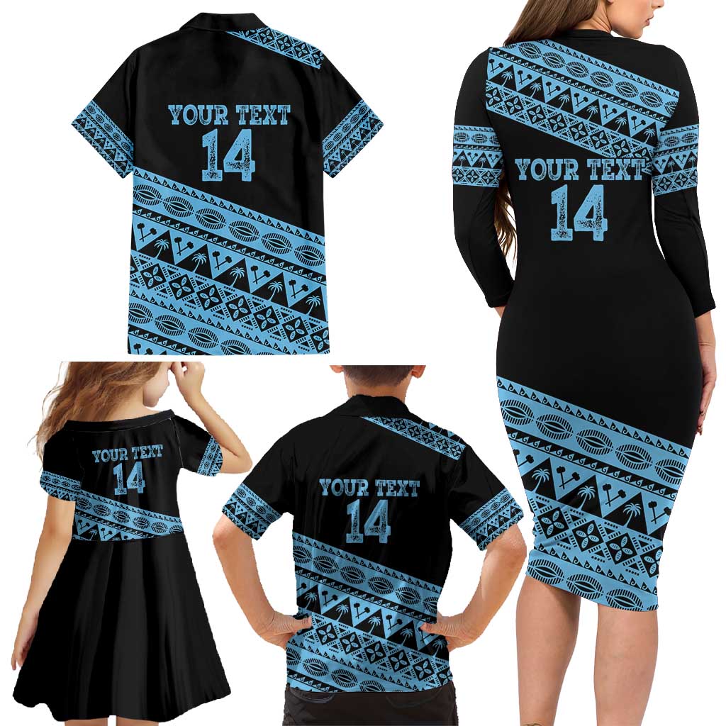 Fiji Rugby 2025 Custom Family Matching Long Sleeve Bodycon Dress and Hawaiian Shirt Fijian Tapa Toso Viti Toso - Black