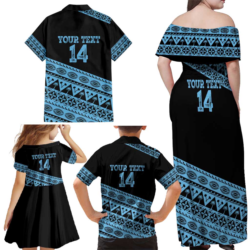Fiji Rugby 2025 Custom Family Matching Off Shoulder Maxi Dress and Hawaiian Shirt Fijian Tapa Toso Viti Toso - Black