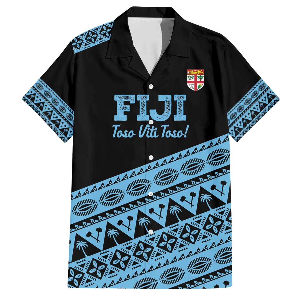 Fiji Rugby 2025 Custom Family Matching Off Shoulder Short Dress and Hawaiian Shirt Fijian Tapa Toso Viti Toso - Black