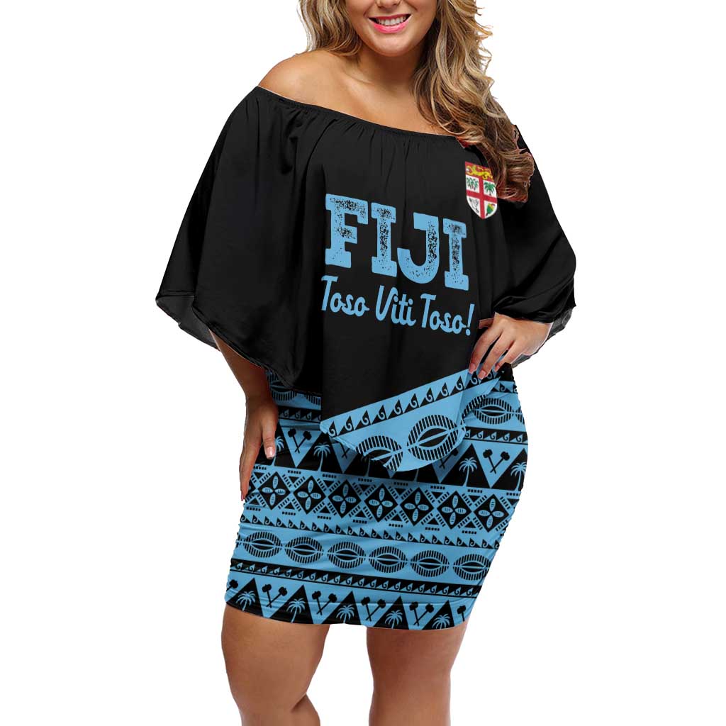 Fiji Rugby 2025 Custom Family Matching Off Shoulder Short Dress and Hawaiian Shirt Fijian Tapa Toso Viti Toso - Black