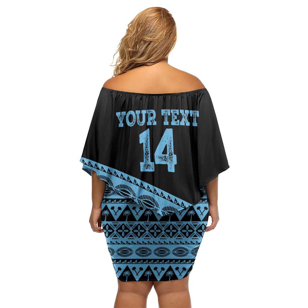 Fiji Rugby 2025 Custom Family Matching Off Shoulder Short Dress and Hawaiian Shirt Fijian Tapa Toso Viti Toso - Black