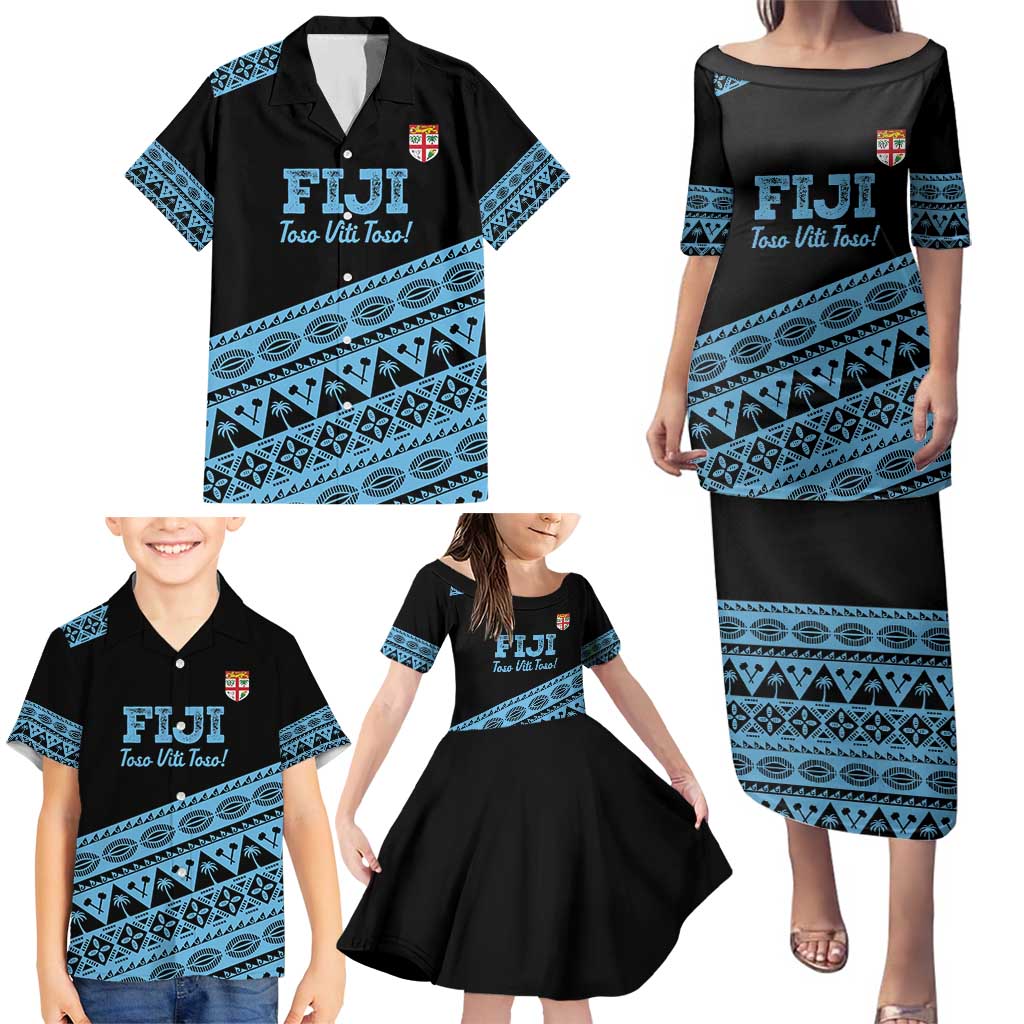 Fiji Rugby 2025 Custom Family Matching Puletasi and Hawaiian Shirt Fijian Tapa Toso Viti Toso - Black
