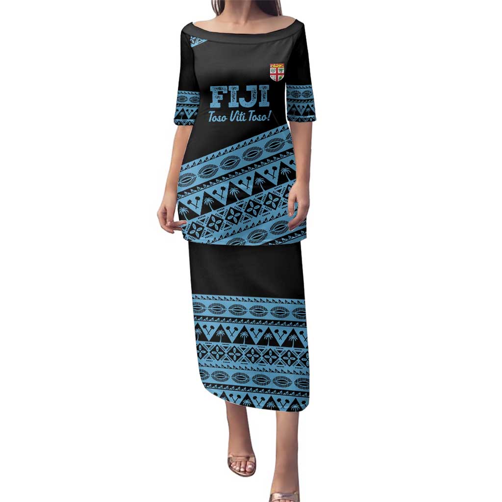 Fiji Rugby 2025 Custom Family Matching Puletasi and Hawaiian Shirt Fijian Tapa Toso Viti Toso - Black