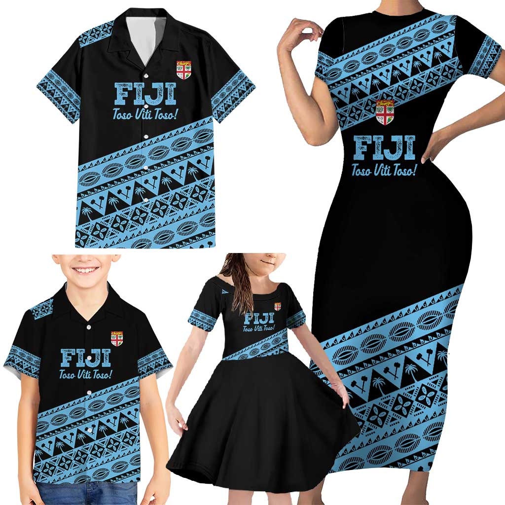 Fiji Rugby 2025 Custom Family Matching Short Sleeve Bodycon Dress and Hawaiian Shirt Fijian Tapa Toso Viti Toso - Black