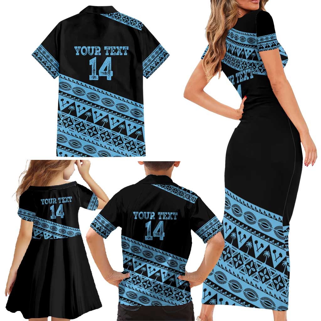 Fiji Rugby 2025 Custom Family Matching Short Sleeve Bodycon Dress and Hawaiian Shirt Fijian Tapa Toso Viti Toso - Black
