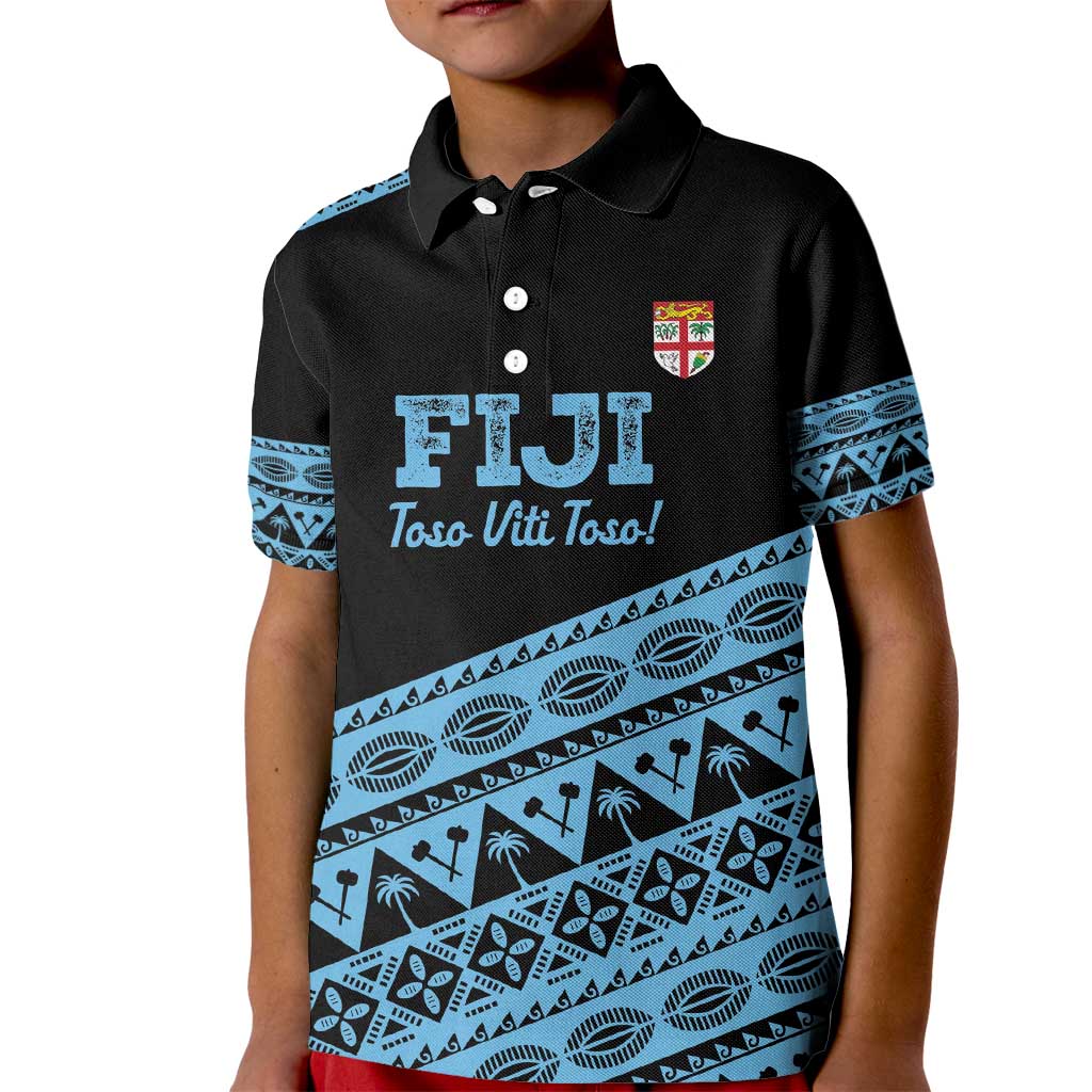 Fiji Rugby 2025 Custom Kid Polo Shirt Fijian Tapa Toso Viti Toso - Black