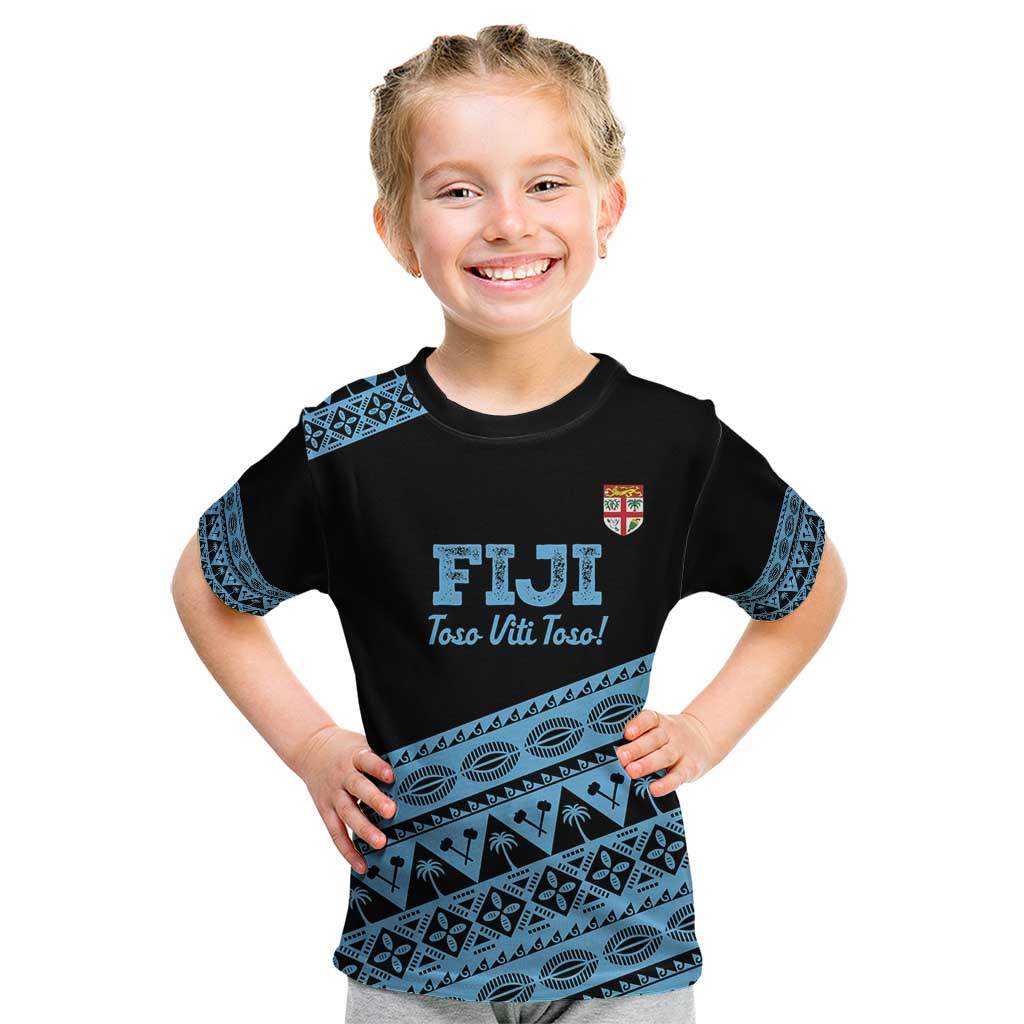 Fiji Rugby 2025 Custom Kid T Shirt Fijian Tapa Toso Viti Toso - Black