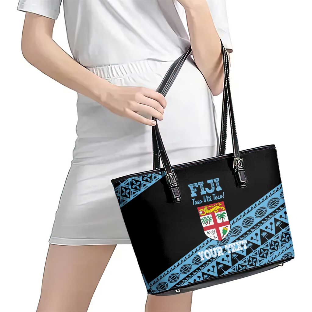 Fiji Rugby 2025 Custom Leather Tote Bag Fijian Tapa Toso Viti Toso - Black