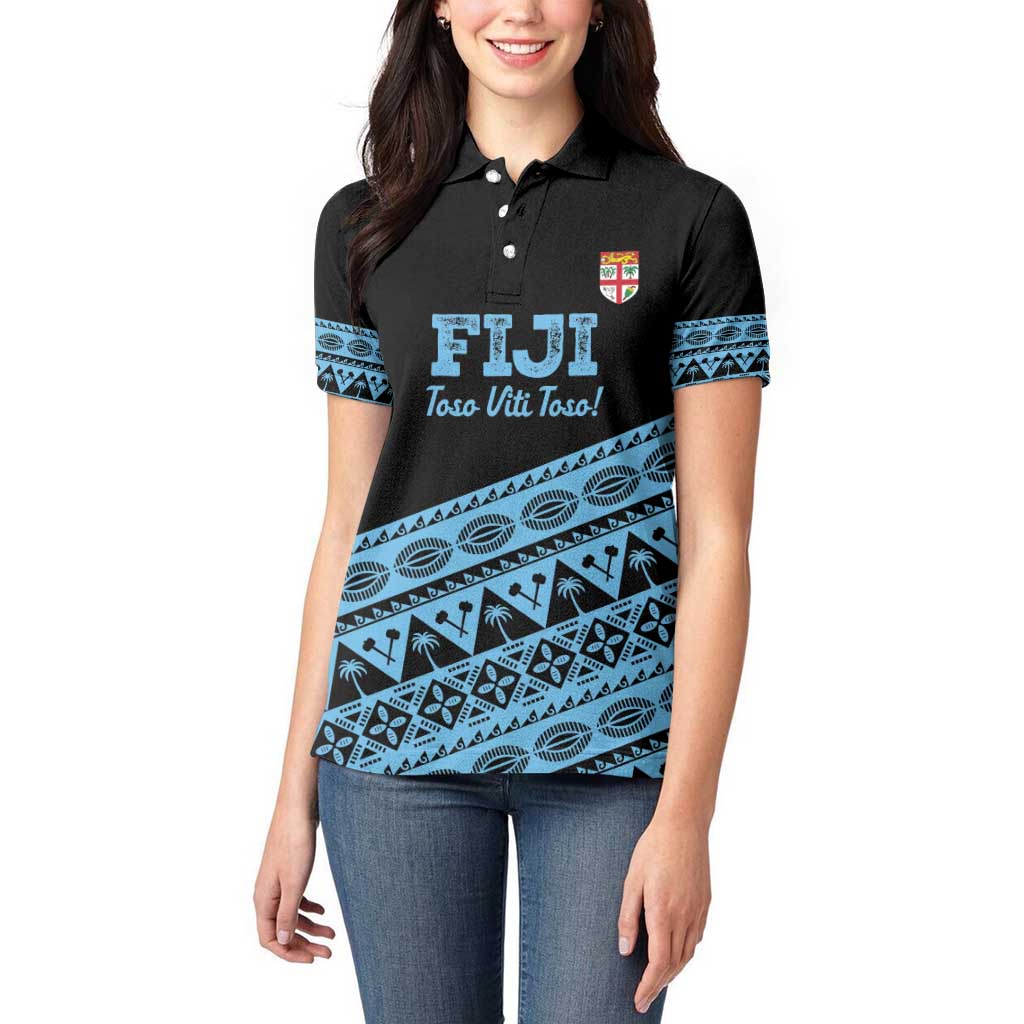 Fiji Rugby 2025 Custom Women Polo Shirt Fijian Tapa Toso Viti Toso - Black