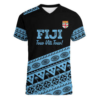 Fiji Rugby 2025 Custom Women V-Neck T-Shirt Fijian Tapa Toso Viti Toso - Black