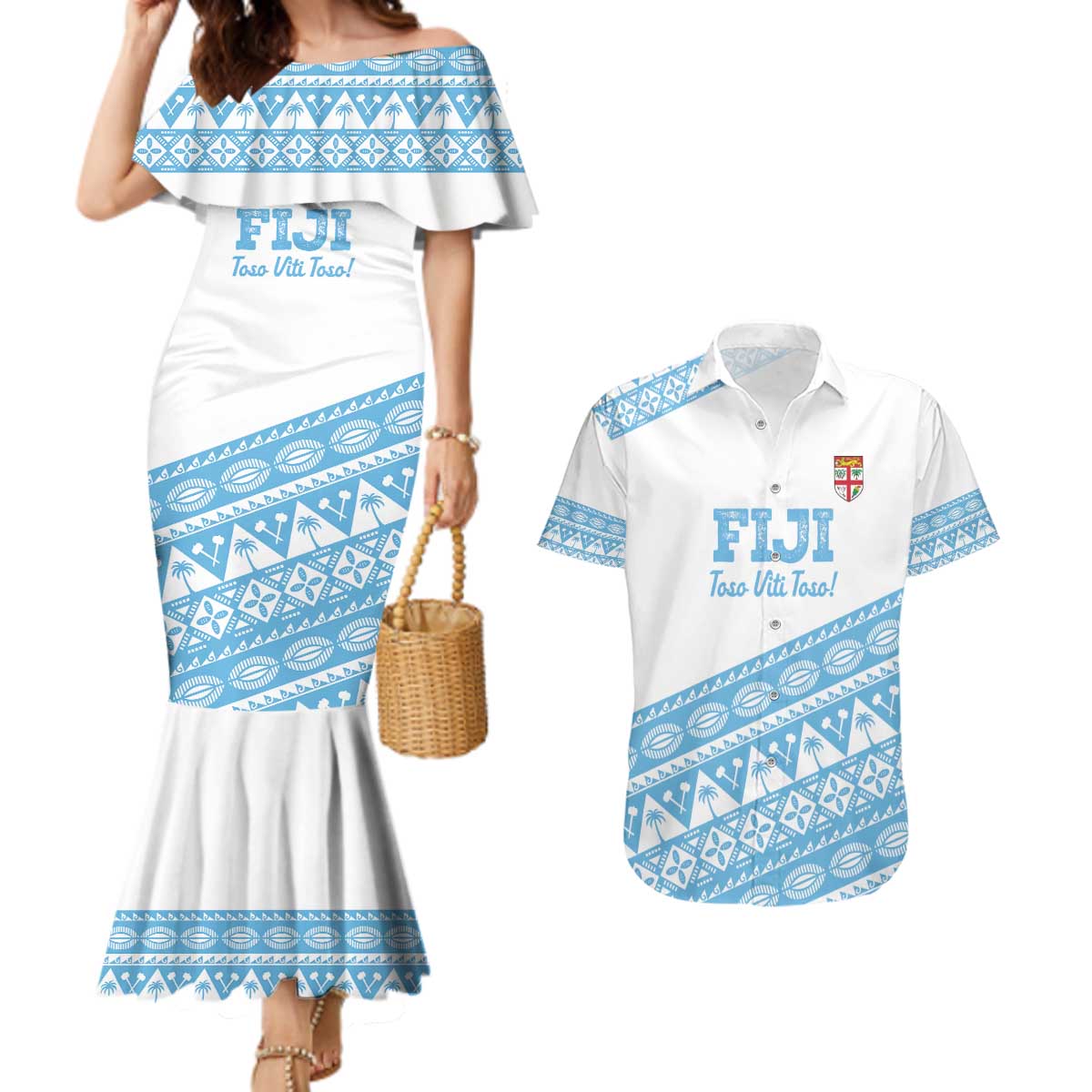 Fiji Rugby 2025 Custom Couples Matching Mermaid Dress and Hawaiian Shirt Fijian Tapa Toso Viti Toso - White