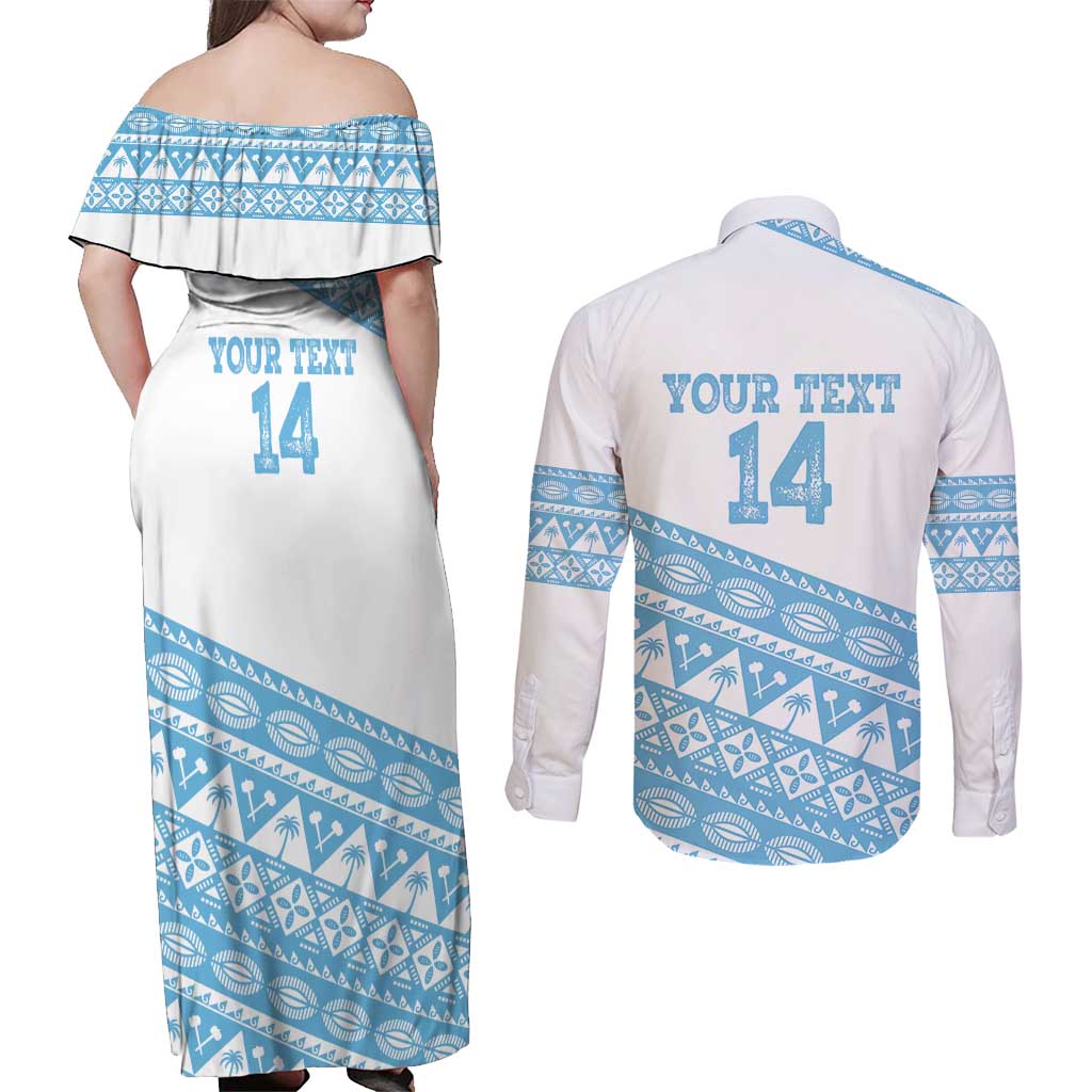 Fiji Rugby 2025 Custom Couples Matching Off Shoulder Maxi Dress and Long Sleeve Button Shirt Fijian Tapa Toso Viti Toso - White