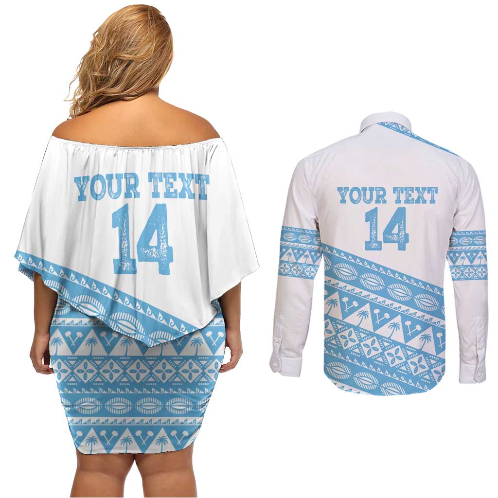 Fiji Rugby 2025 Custom Couples Matching Off Shoulder Short Dress and Long Sleeve Button Shirt Fijian Tapa Toso Viti Toso - White