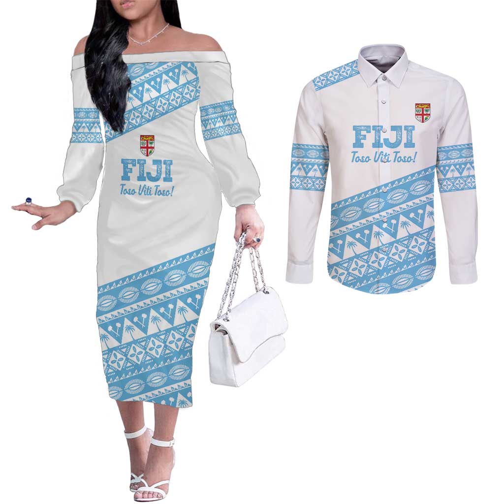 Fiji Rugby 2025 Custom Couples Matching Off The Shoulder Long Sleeve Dress and Long Sleeve Button Shirt Fijian Tapa Toso Viti Toso - White