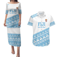 Fiji Rugby 2025 Custom Couples Matching Puletasi and Hawaiian Shirt Fijian Tapa Toso Viti Toso - White