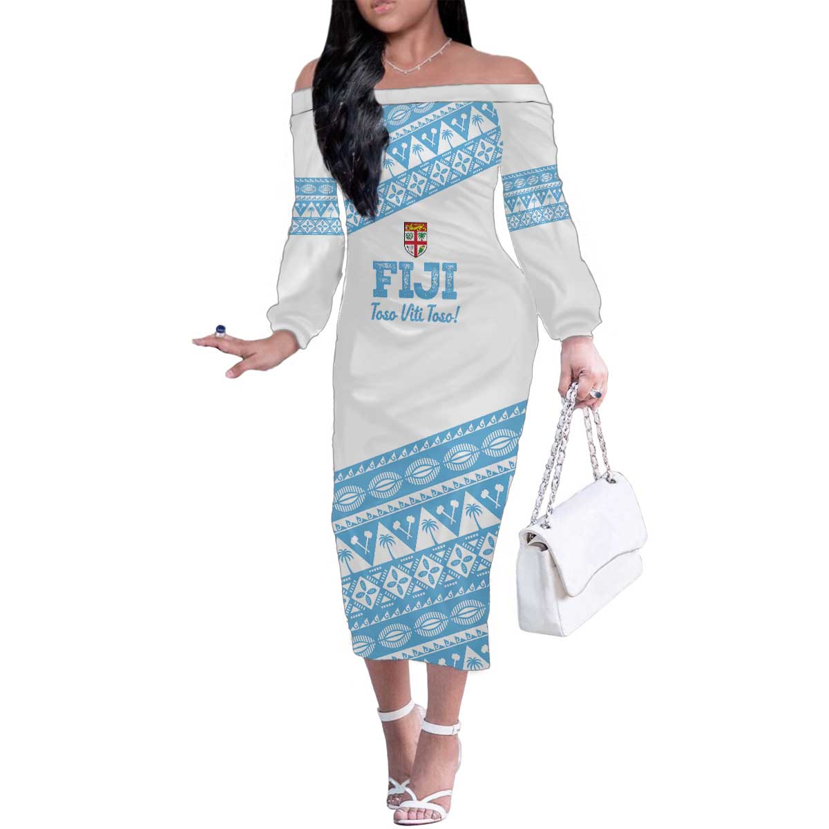Fiji Rugby 2025 Custom Family Matching Off The Shoulder Long Sleeve Dress and Hawaiian Shirt Fijian Tapa Toso Viti Toso - White