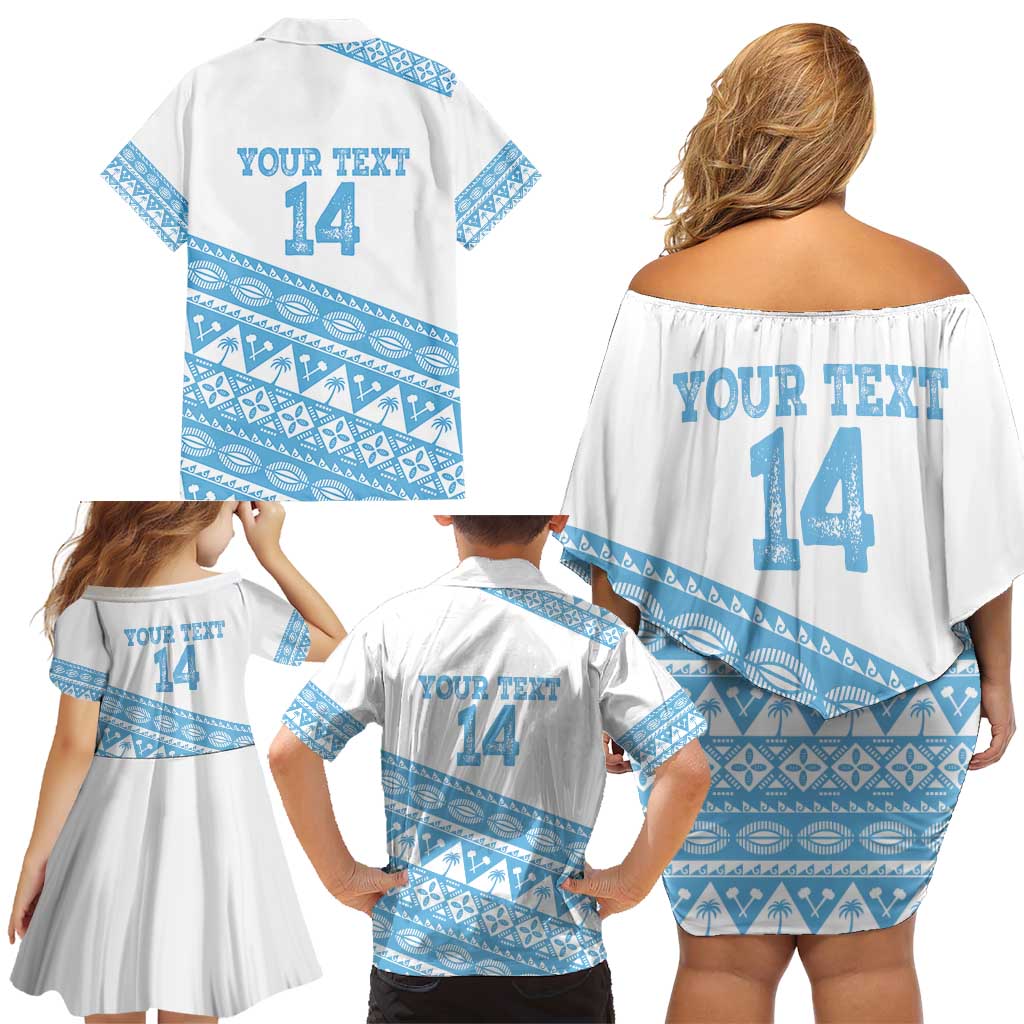 Fiji Rugby 2025 Custom Family Matching Off Shoulder Short Dress and Hawaiian Shirt Fijian Tapa Toso Viti Toso - White