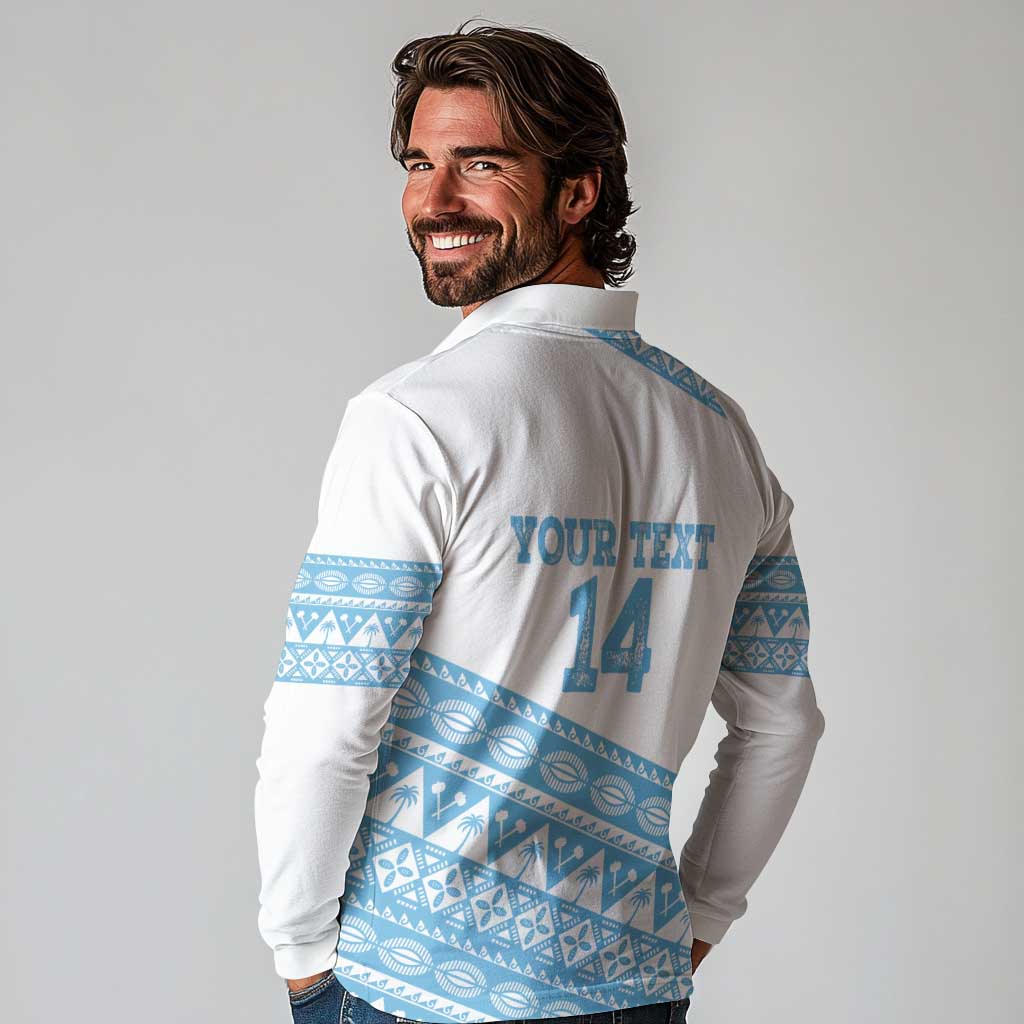 Fiji Rugby 2025 Custom Long Sleeve Polo Shirt Fijian Tapa Toso Viti Toso - White