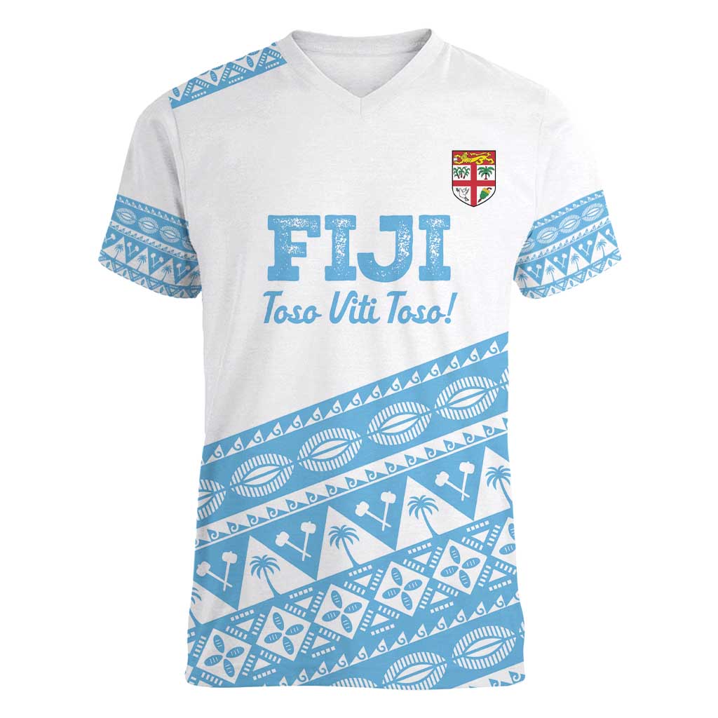 Fiji Rugby 2025 Custom Women V-Neck T-Shirt Fijian Tapa Toso Viti Toso - White