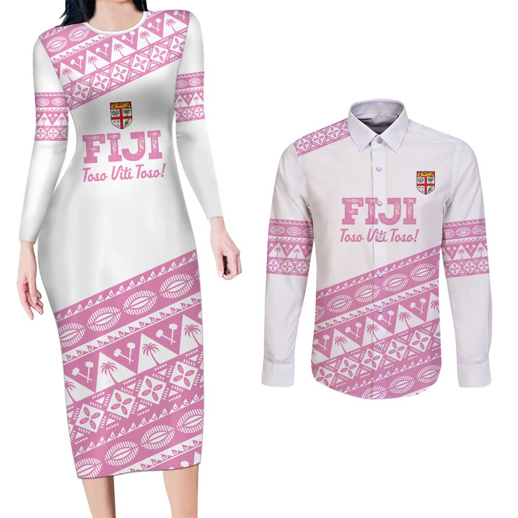 Fiji Rugby 2025 Custom Couples Matching Long Sleeve Bodycon Dress and Long Sleeve Button Shirt Fijian Tapa Toso Viti Toso - Pink