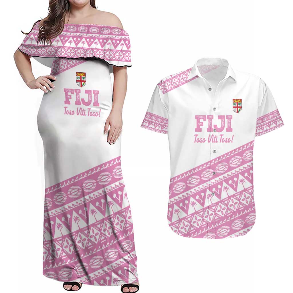 Fiji Rugby 2025 Custom Couples Matching Off Shoulder Maxi Dress and Hawaiian Shirt Fijian Tapa Toso Viti Toso - Pink