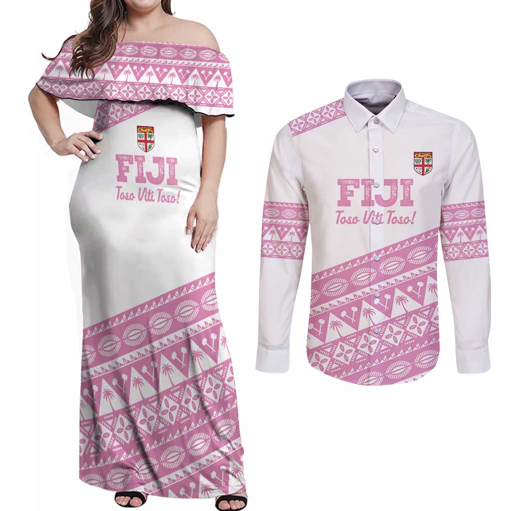 Fiji Rugby 2025 Custom Couples Matching Off Shoulder Maxi Dress and Long Sleeve Button Shirt Fijian Tapa Toso Viti Toso - Pink