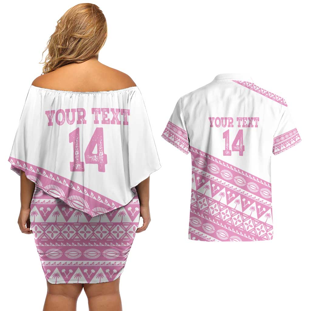 Fiji Rugby 2025 Custom Couples Matching Off Shoulder Short Dress and Hawaiian Shirt Fijian Tapa Toso Viti Toso - Pink