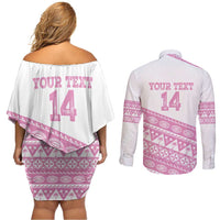 Fiji Rugby 2025 Custom Couples Matching Off Shoulder Short Dress and Long Sleeve Button Shirt Fijian Tapa Toso Viti Toso - Pink