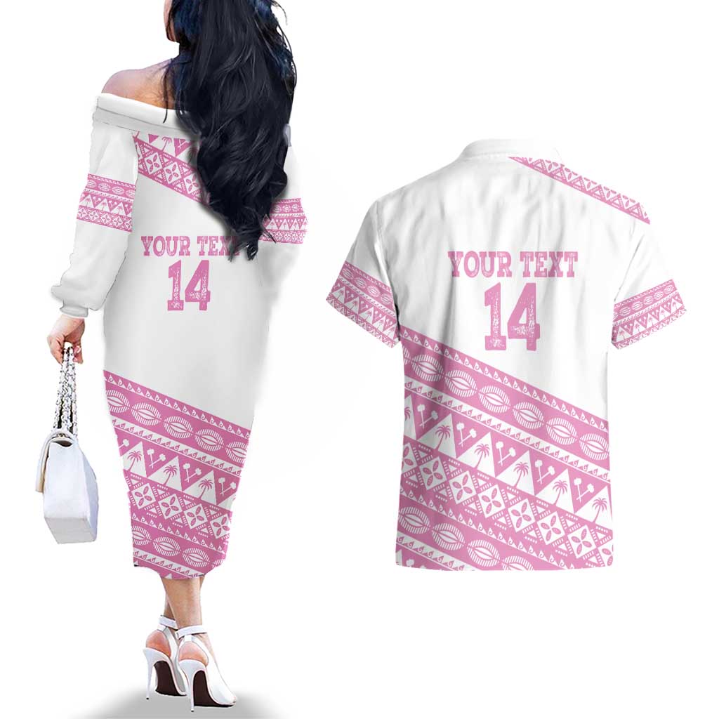Fiji Rugby 2025 Custom Couples Matching Off The Shoulder Long Sleeve Dress and Hawaiian Shirt Fijian Tapa Toso Viti Toso - Pink
