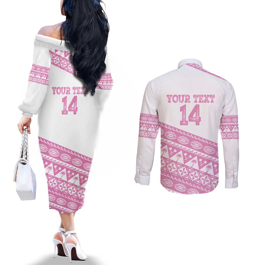 Fiji Rugby 2025 Custom Couples Matching Off The Shoulder Long Sleeve Dress and Long Sleeve Button Shirt Fijian Tapa Toso Viti Toso - Pink