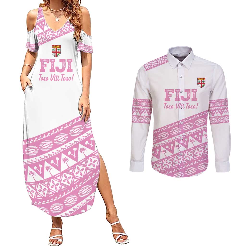 Fiji Rugby 2025 Custom Couples Matching Summer Maxi Dress and Long Sleeve Button Shirt Fijian Tapa Toso Viti Toso - Pink