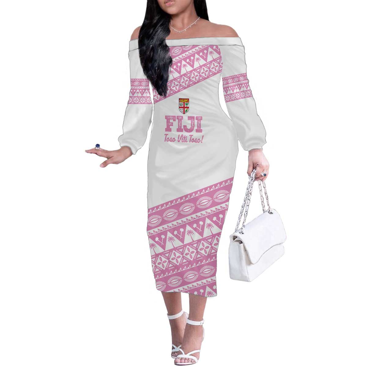 Fiji Rugby 2025 Custom Family Matching Off The Shoulder Long Sleeve Dress and Hawaiian Shirt Fijian Tapa Toso Viti Toso - Pink