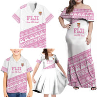 Fiji Rugby 2025 Custom Family Matching Off Shoulder Maxi Dress and Hawaiian Shirt Fijian Tapa Toso Viti Toso - Pink