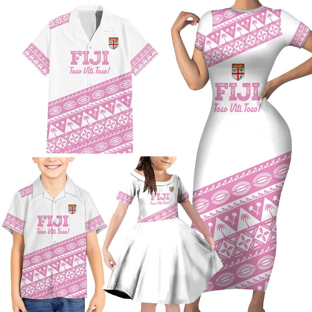 Fiji Rugby 2025 Custom Family Matching Short Sleeve Bodycon Dress and Hawaiian Shirt Fijian Tapa Toso Viti Toso - Pink