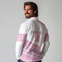 Fiji Rugby 2025 Custom Long Sleeve Polo Shirt Fijian Tapa Toso Viti Toso - Pink