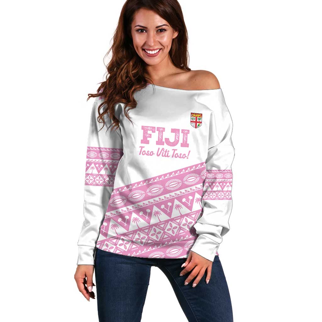 Fiji Rugby 2025 Custom Off Shoulder Sweater Fijian Tapa Toso Viti Toso - Pink