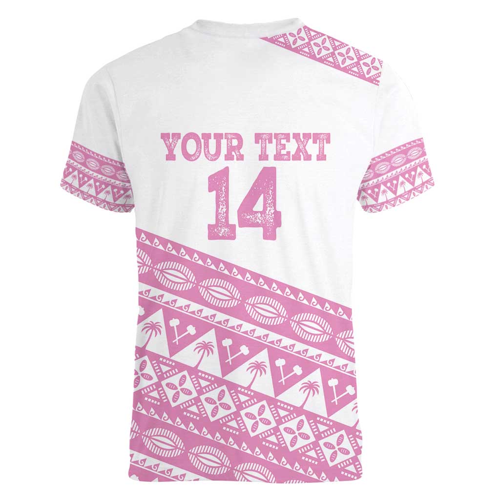 Fiji Rugby 2025 Custom Women V-Neck T-Shirt Fijian Tapa Toso Viti Toso - Pink