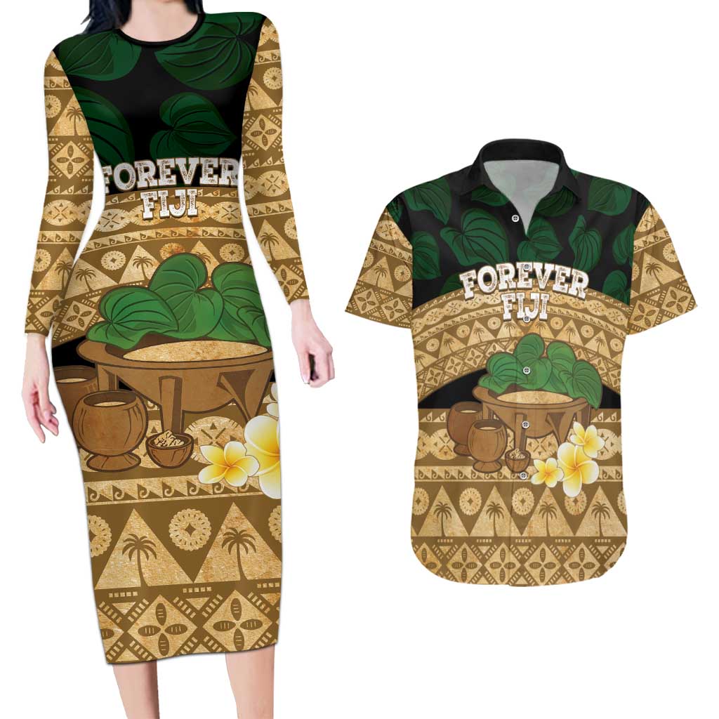 Bula Fiji Kava Bowl Couples Matching Long Sleeve Bodycon Dress and Hawaiian Shirt Fijian Tapa Cloth Vintage Vibe