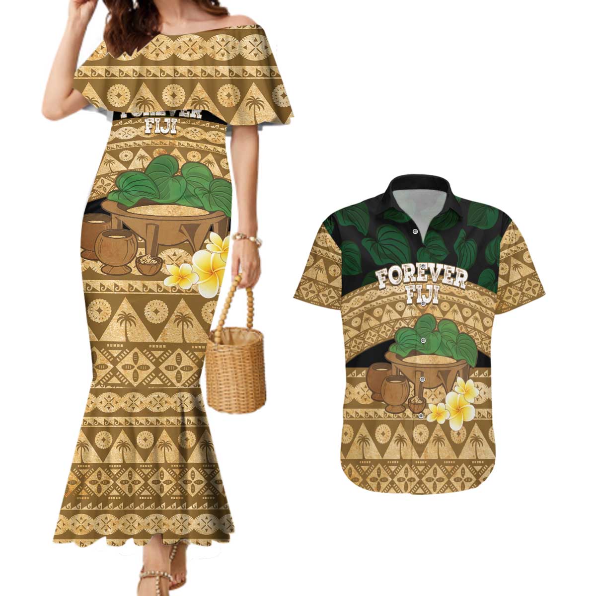 Bula Fiji Kava Bowl Couples Matching Mermaid Dress and Hawaiian Shirt Fijian Tapa Cloth Vintage Vibe