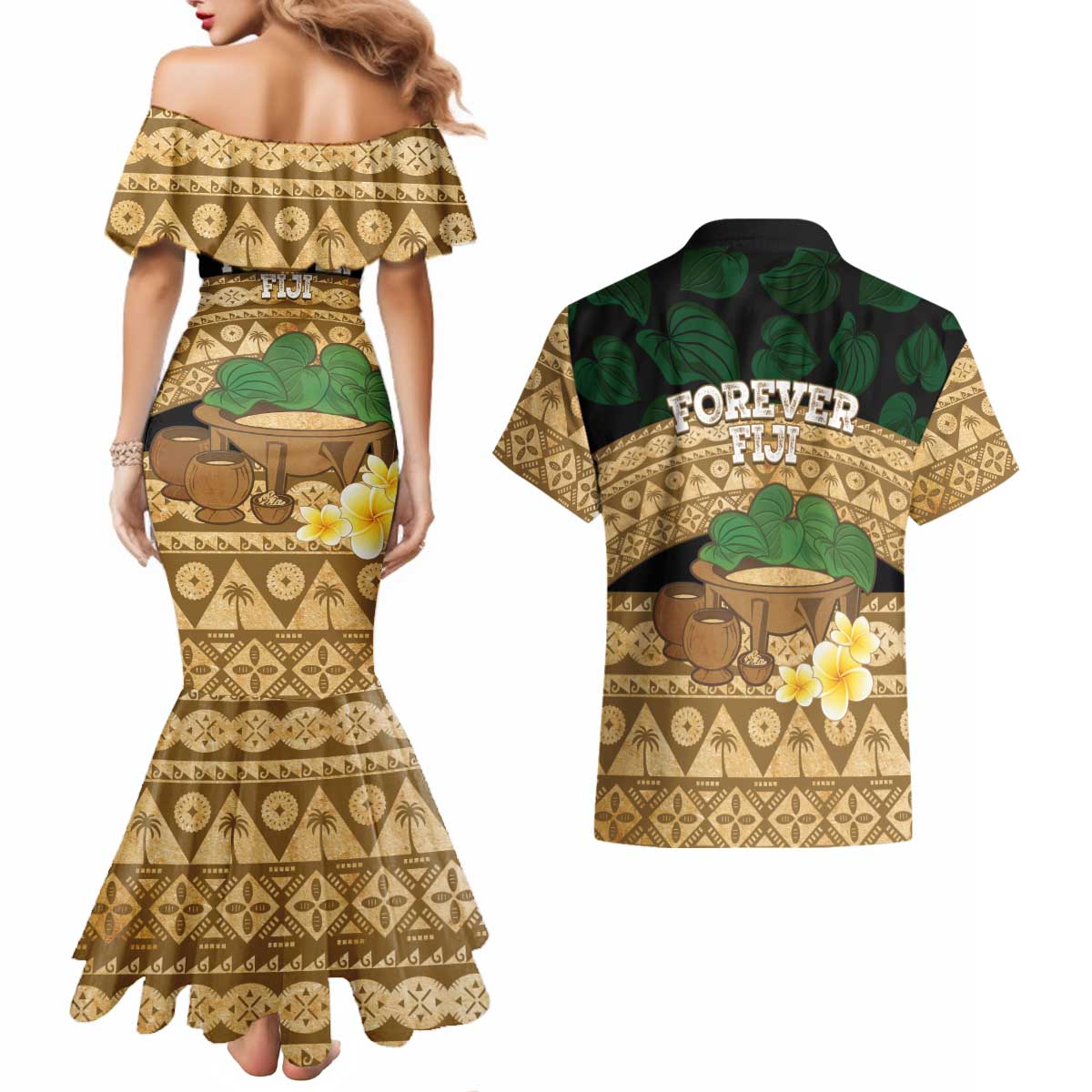 Bula Fiji Kava Bowl Couples Matching Mermaid Dress and Hawaiian Shirt Fijian Tapa Cloth Vintage Vibe