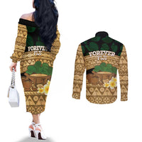 Bula Fiji Kava Bowl Couples Matching Off The Shoulder Long Sleeve Dress and Long Sleeve Button Shirt Fijian Tapa Cloth Vintage Vibe