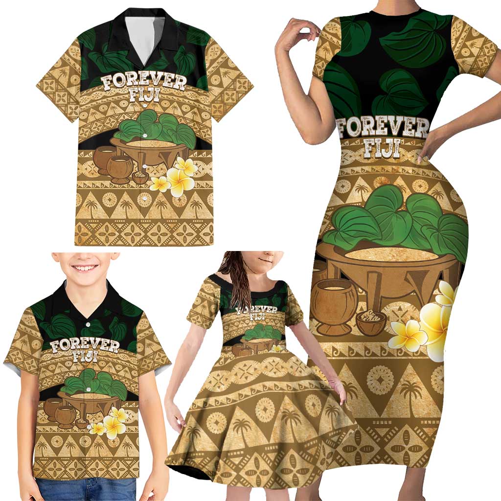 Bula Fiji Kava Bowl Family Matching Short Sleeve Bodycon Dress and Hawaiian Shirt Fijian Tapa Cloth Vintage Vibe