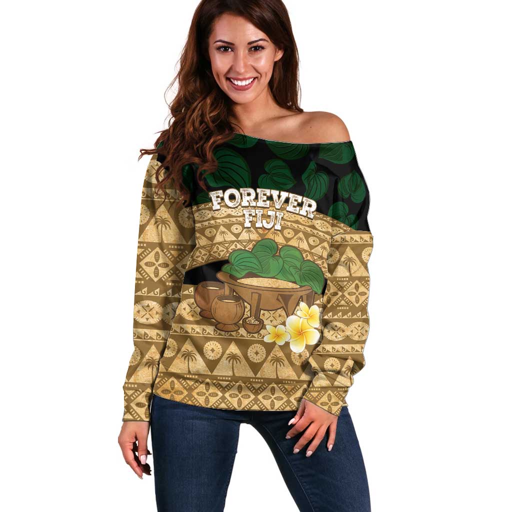 Bula Fiji Kava Bowl Off Shoulder Sweater Fijian Tapa Cloth Vintage Vibe