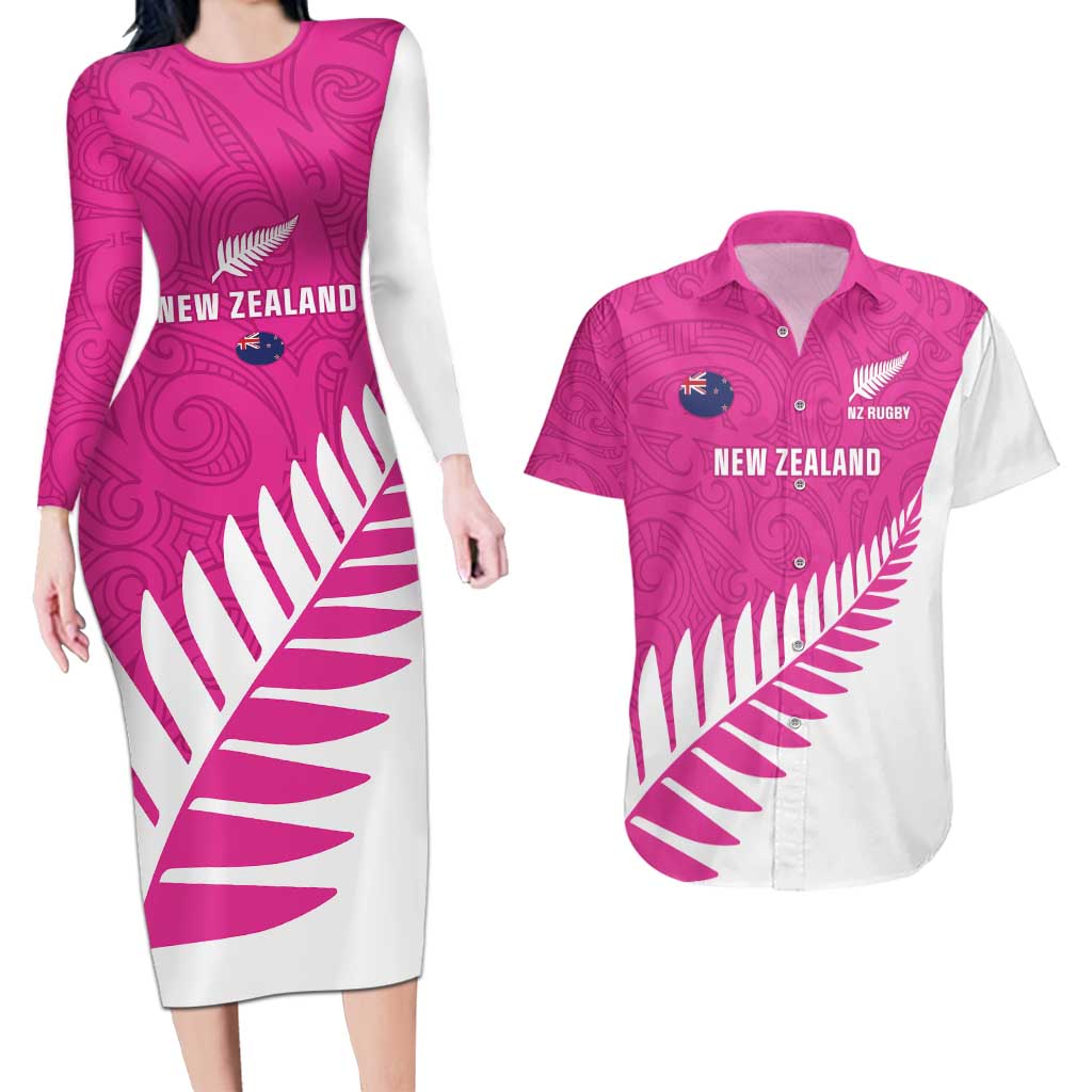 New Zealand Silver Fern Rugby Custom Couples Matching Long Sleeve Bodycon Dress and Hawaiian Shirt Go All Black Maori Pink Version